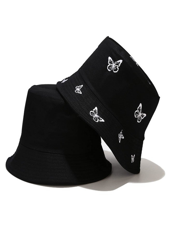 Umeepar Embroidered Bucket Hat Reversible Packable Foldable Beach Sun Hat Outdoor Cap for Women Men (Butterfly Black/Plain Black) - Image 3